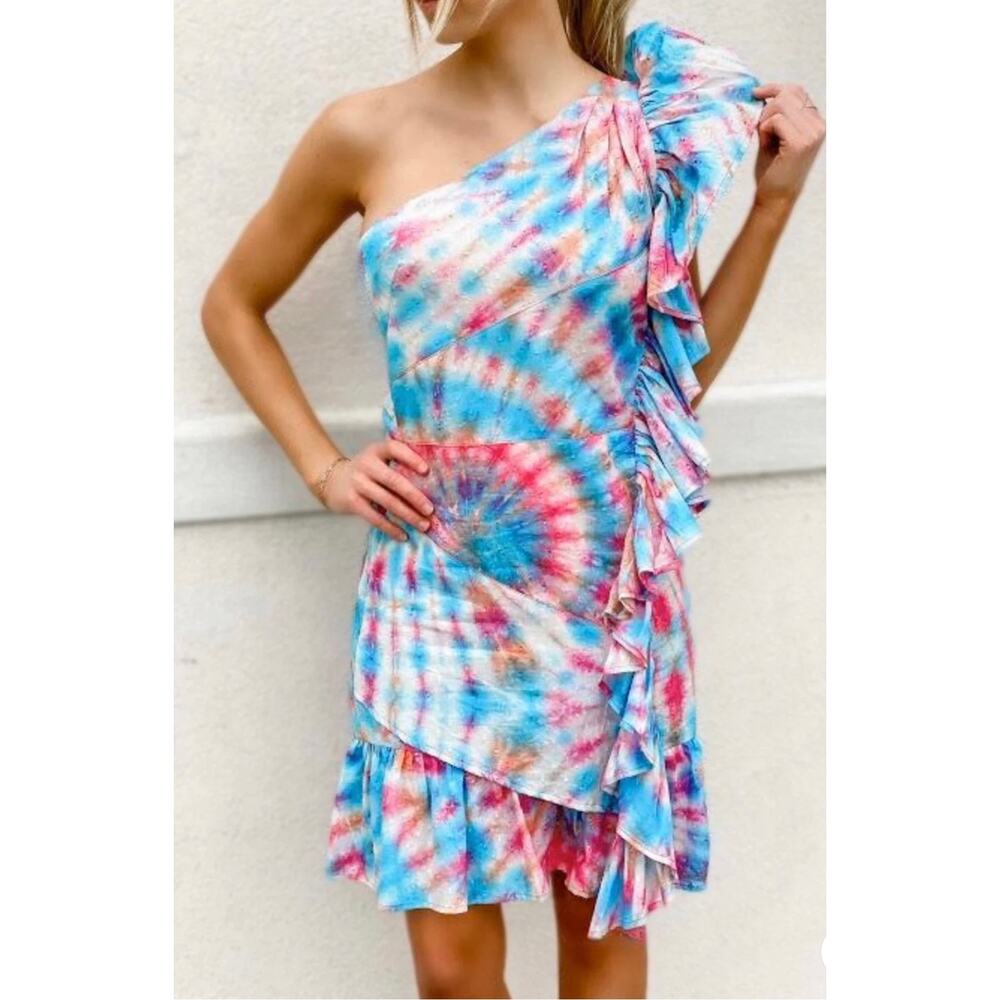 Alla Berman Leila Tie Dye Swiss Dot One Shoulder Dress Ruffles Womans M NWT